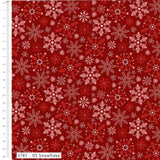 Red fabric with a repeating snowflake pattern in white and dark red, shown with a white measurement ruler along the left edge and a label reading '3787 - 05 Snowflake'.