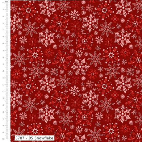 Red fabric with a repeating snowflake pattern in white and dark red, shown with a white measurement ruler along the left edge and a label reading '3787 - 05 Snowflake'.