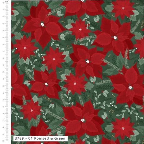 Poinsettia green fabric pattern featuring red poinsettia flowers and green holly leaves, with a white ruler scale on the left side and a color label at the bottom.