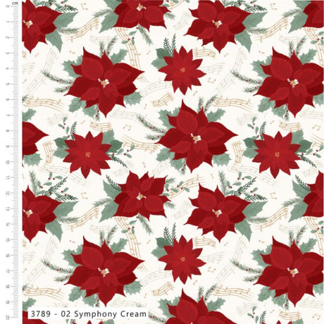 A repeating holiday pattern featuring red poinsettias, green holly leaves, and gold musical notes on a cream background, with a ruler scale and color label visible along the left edge.