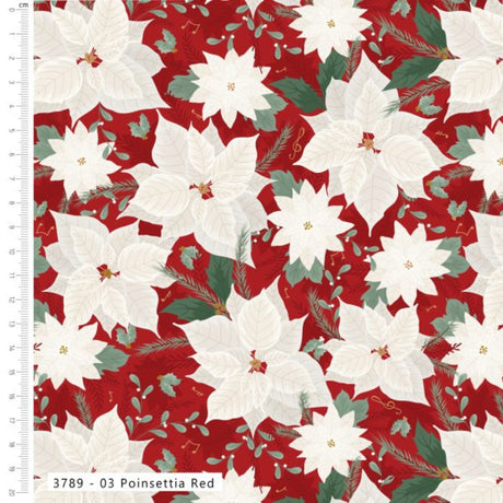A close-up of a fabric pattern featuring large white poinsettia flowers with green leaves and small red accents on a deep red background, with a white ruler along the left edge and a label at the bottom reading '3789 - 03 Poinsettia Red'.