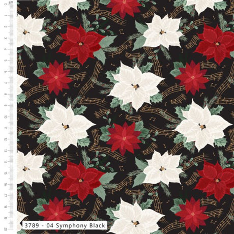 A close-up of a fabric pattern featuring red and white poinsettias, green leaves, gold musical notes, and holly on a black background, with a white ruler along the left edge and a color label at the bottom.