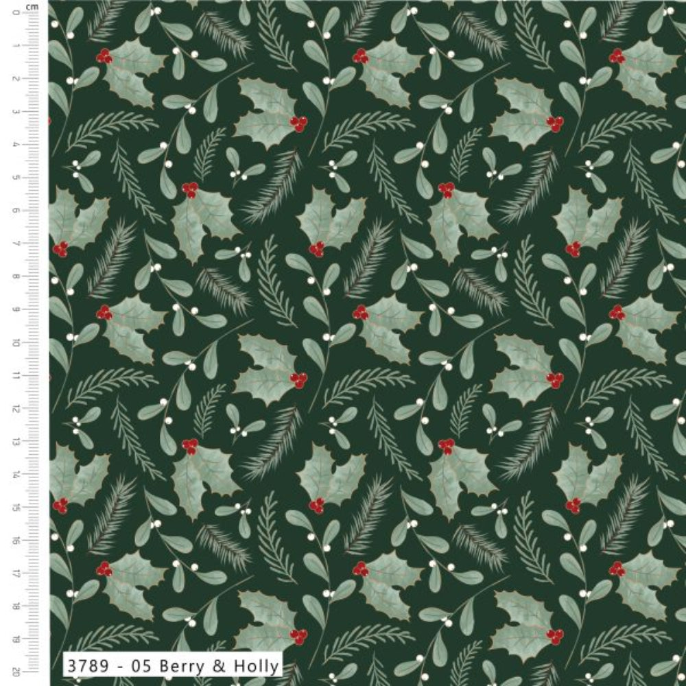 A repeating holiday pattern on a dark green background featuring light green holly leaves, white berries, and red berries, with a white ruler along the left edge and a label at the bottom reading '3789 - 05 Berry & Holly'.