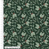 A repeating holiday pattern on a dark green background featuring light green holly leaves, white berries, and red berries, with a white ruler along the left edge and a label at the bottom reading '3789 - 05 Berry & Holly'.