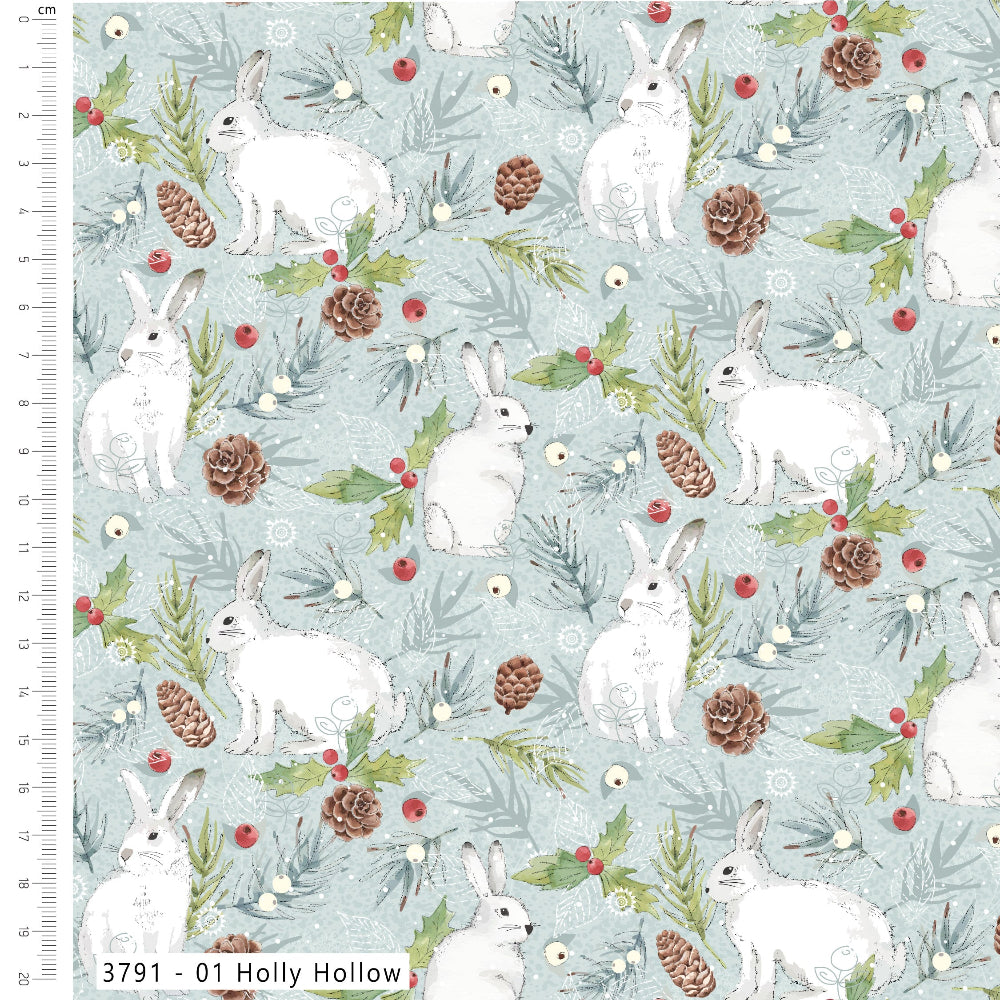A fabric pattern swatch featuring white rabbits, pinecones, holly leaves, and red berries on a light blue-gray background, with a ruler along the left edge and the text '3791 - 01 Holly Hollow' at the bottom.