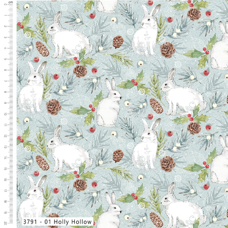 A fabric pattern swatch featuring white rabbits, pinecones, holly leaves, and red berries on a light blue-gray background, with a ruler along the left edge and the text '3791 - 01 Holly Hollow' at the bottom.