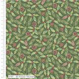 A repeating forest-themed pattern with green holly leaves, pinecones, and small red berries on a dark green background, shown with a measurement ruler along the left edge and a label reading '3791 - 03 Forest Thicket' at the bottom.