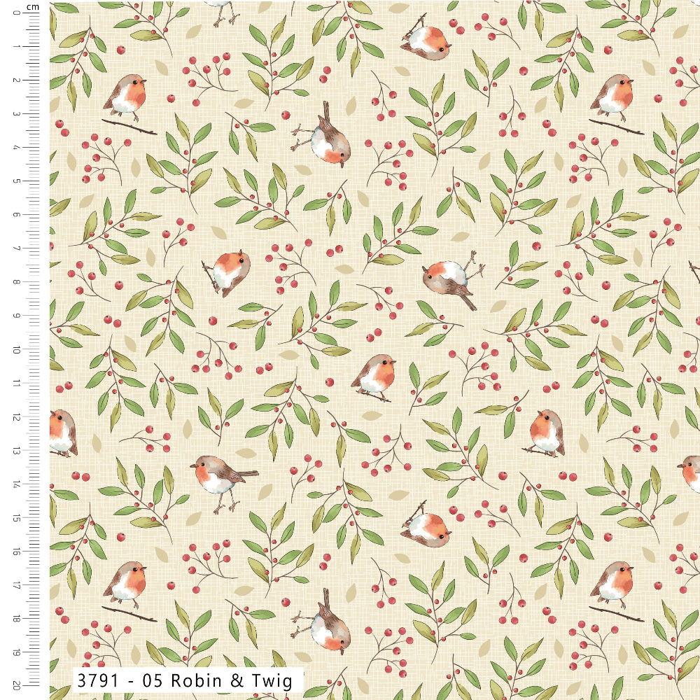 A repeating fabric or wallpaper pattern featuring robin birds, green leaves, and small red berries on a warm beige background, with a ruler scale along the left edge and the text '3791 - 05 Robin & Twig' at the bottom.