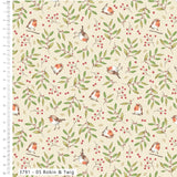 A repeating fabric or wallpaper pattern featuring robin birds, green leaves, and small red berries on a warm beige background, with a ruler scale along the left edge and the text '3791 - 05 Robin & Twig' at the bottom.