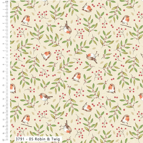 A repeating fabric or wallpaper pattern featuring robin birds, green leaves, and small red berries on a warm beige background, with a ruler scale along the left edge and the text '3791 - 05 Robin & Twig' at the bottom.