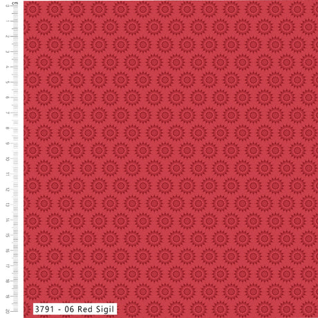 A close-up of a red fabric or material swatch with a repeating dark red floral/sunburst pattern. A white ruler scale runs along the left edge, and a label at the bottom reads '3791 - 06 Red Sigil'.