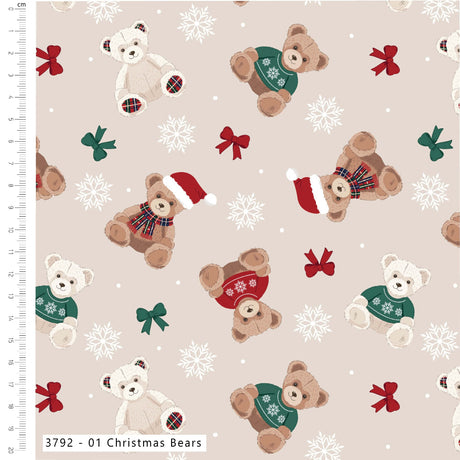 A repeating Christmas-themed pattern on a light beige background, featuring teddy bears in holiday sweaters, Santa hats, red bows, green bows, snowflakes, and small white dots. A fabric measurement ruler is visible along the left edge, and a label at the bottom reads '3792 - 01 Christmas Bears'.