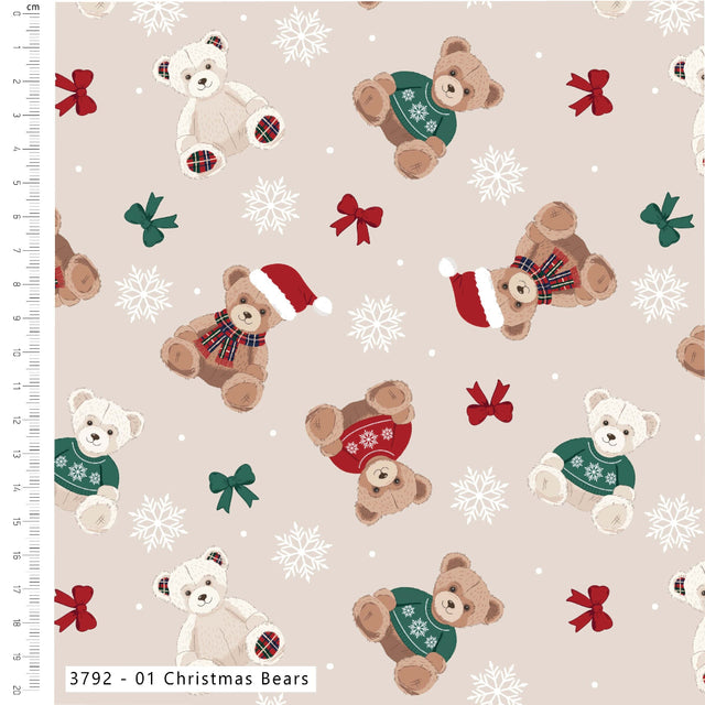 A repeating Christmas-themed pattern on a light beige background, featuring teddy bears in holiday sweaters, Santa hats, red bows, green bows, snowflakes, and small white dots. A fabric measurement ruler is visible along the left edge, and a label at the bottom reads '3792 - 01 Christmas Bears'.