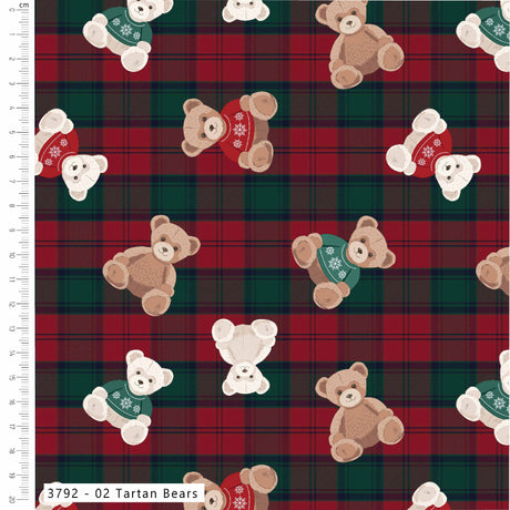 A fabric pattern featuring cartoon teddy bears in red and green sweaters on a red and green tartan plaid background, with a white ruler along the left edge and a label reading '3792 - 02 Tartan Bears' at the bottom.