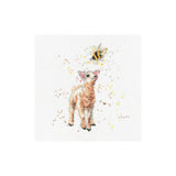A cross-stitch pattern or art print featuring a small white lamb with pink accents and a yellow-and-black bumblebee above it, surrounded by delicate yellow and pink paint splatters on a white textured canvas background.