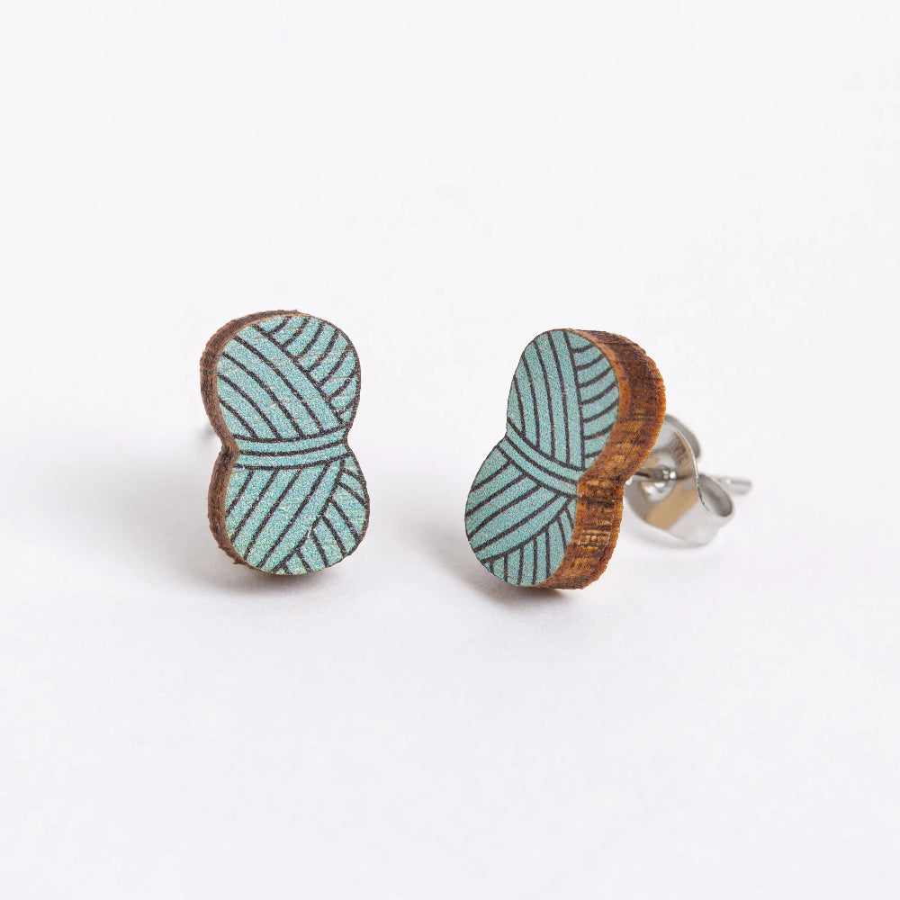 Pair of earrings with turquoise and brown striped design on a white background