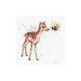 A needlepoint canvas featuring a watercolor-style illustration of a brown and white fawn standing next to a small yellow and black bee, on a white grid background.