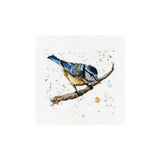 A watercolor-style bird painting on a white square canvas, showing a small bluebird perched on a brown branch with scattered paint splatters around it.
