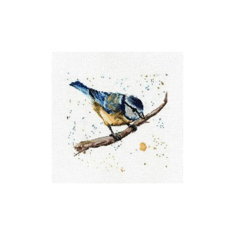 A watercolor-style bird painting on a white square canvas, showing a small bluebird perched on a brown branch with scattered paint splatters around it.