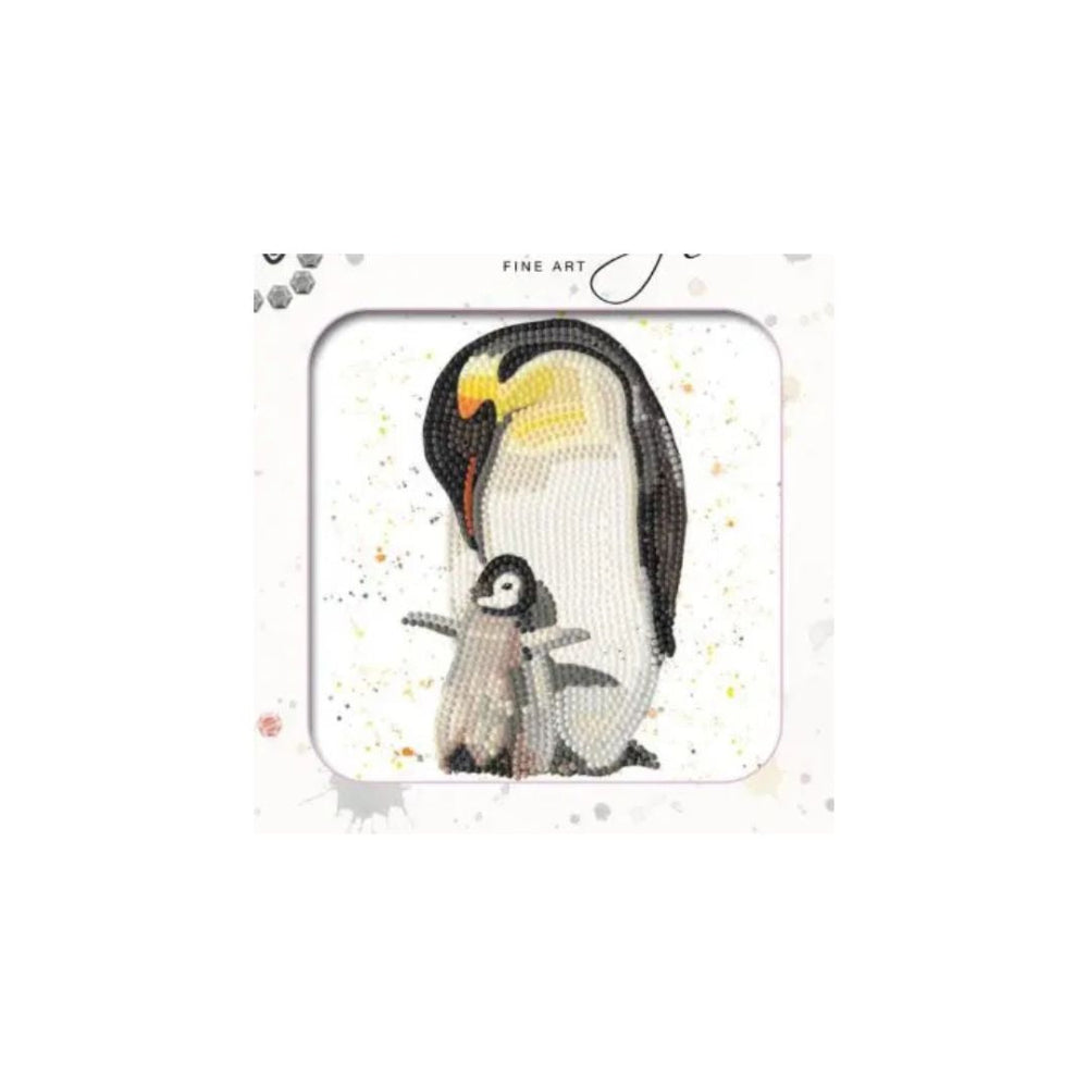 A diamond painting kit featuring an illustration of an adult penguin and its chick, displayed in its white square packaging with 'FINE ART' printed at the top.