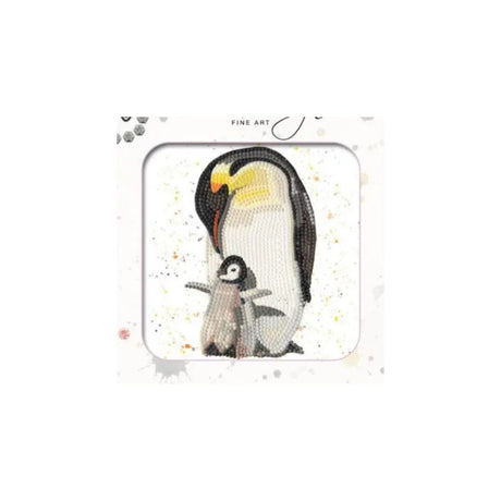 A diamond painting kit featuring an illustration of an adult penguin and its chick, displayed in its white square packaging with 'FINE ART' printed at the top.