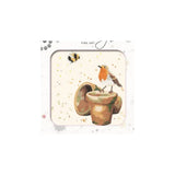 A square decorative art print or card featuring a painted robin perched on a flower pot with a bee nearby, centered on a white background with faint decorative marks.