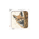 A square canvas or print featuring a painted fox peeking from behind a tree trunk, shown centered on a white background with decorative text at the top that reads 'FINE ART'.