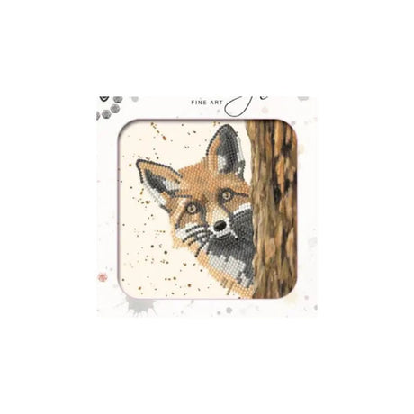 A square canvas or print featuring a painted fox peeking from behind a tree trunk, shown centered on a white background with decorative text at the top that reads 'FINE ART'.
