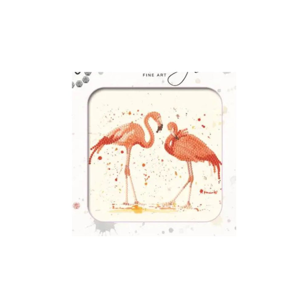 A square framed art print featuring two flamingos in a cross-stitch style on an off-white background, with a white frame and the text 'FINE ART' at the top.