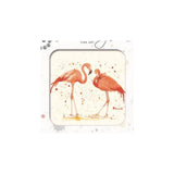 A square framed art print featuring two flamingos in a cross-stitch style on an off-white background, with a white frame and the text 'FINE ART' at the top.