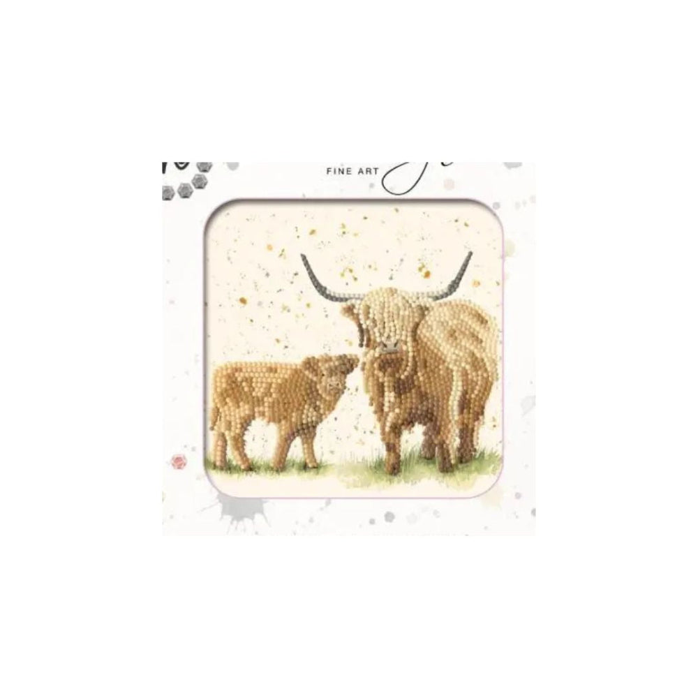 A diamond painting kit featuring a Highland cow and calf design, presented in its white packaging with 'FINE ART' printed at the top.