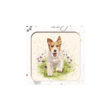 A square framed art print featuring a painted dog sitting among small purple flowers on a light cream background. The print is presented in a white frame with decorative corner details and the words 'FINE ART' at the top.