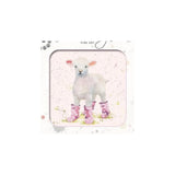 A square framed art print featuring a white lamb wearing pink rain boots on a light pink watercolor background, with the words 'FINE ART' printed at the top.
