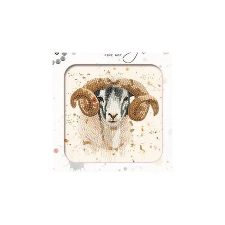 A square framed art print featuring a mosaic-style ram with large curved horns on a cream background with subtle gold speckles. The print is presented in a white frame with the text 'FINE ART' visible at the top.