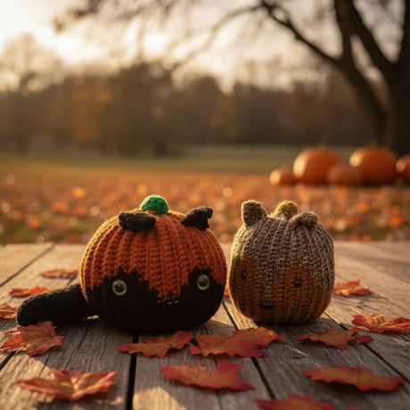 Two handmade crocheted pumpkin characters sitting on a wooden table scattered with autumn leaves, with a blurred outdoor pumpkin patch in the background.