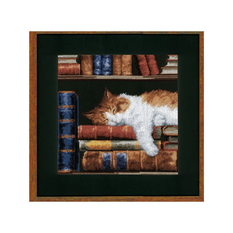 Cat Sleeping on a Bookshelf Cross Stitch Kit