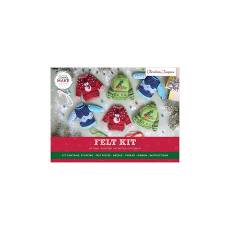 Christmas Jumper felt kit packaging showing six colourful knitted holiday jumpers and a red banner reading 'FELT KIT'.