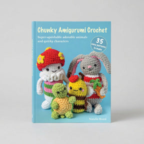 Book cover for 'Chunky Amigurumi Crochet' by Natalie Beard, featuring four crocheted animal characters on a light blue background.