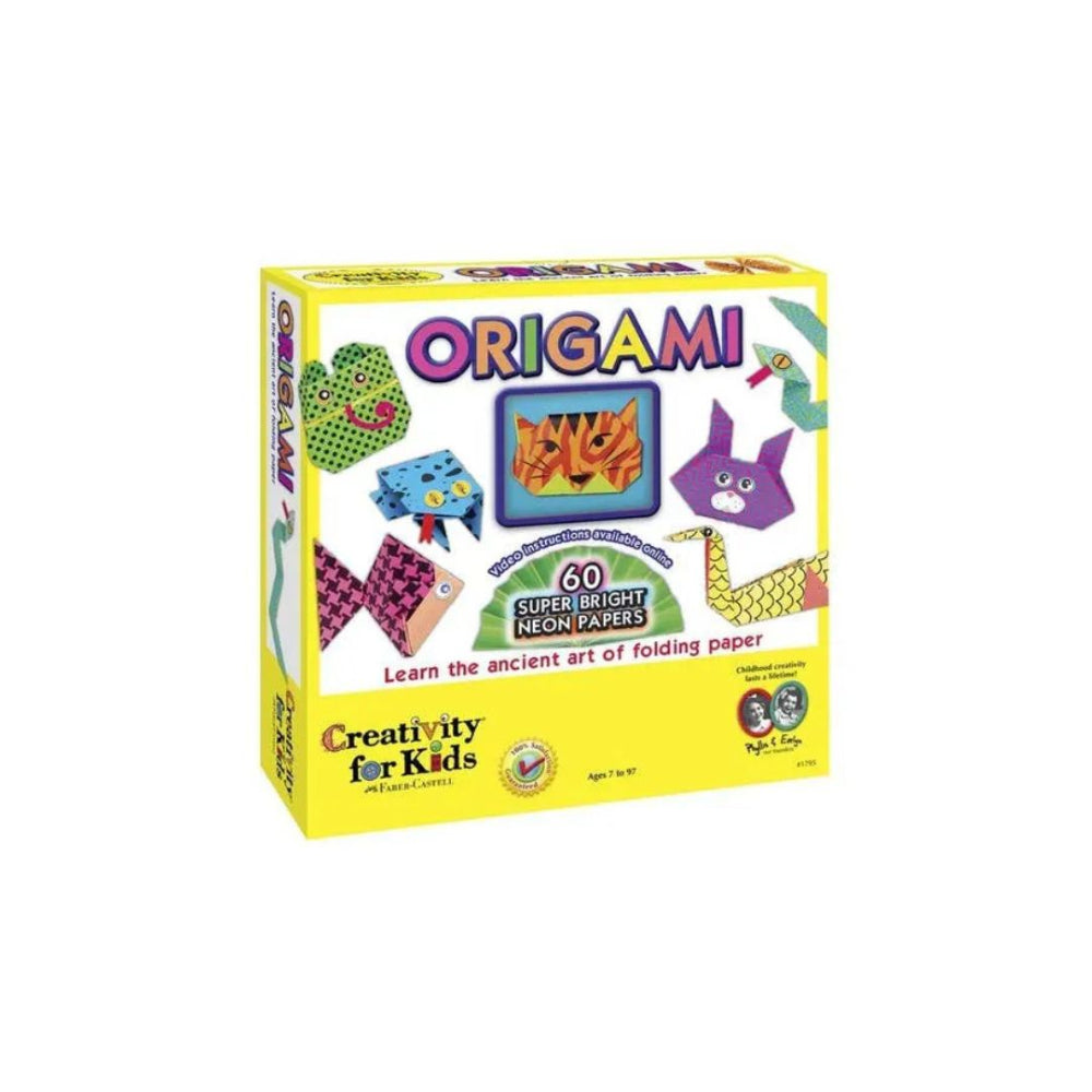 Origami for Kids toy box with bright yellow packaging, colorful origami illustrations, and the title 'ORIGAMI' on the front, photographed on a plain white background.