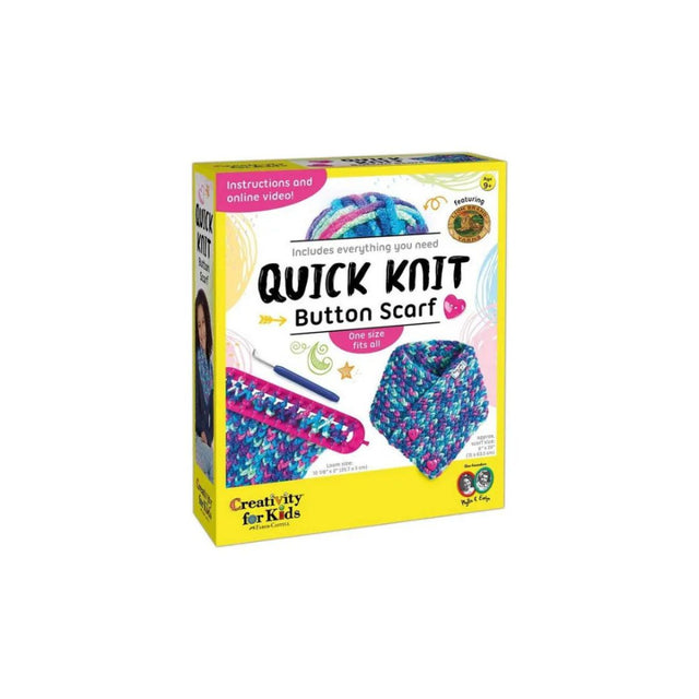 Creativity for Kids Quick Knit Button Scarf kit box, featuring a bright yellow packaging with colourful illustrations of the knitted scarf and a knitting tool on a white background.