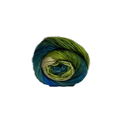 A single ball of variegated yarn with a colour gradient transitioning from olive green to teal blue and dark navy, set against a plain white background.
