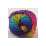 A skein of variegated yarn with a rainbow colour pattern of purple, blue, green, yellow, and pink, centered on a white background.