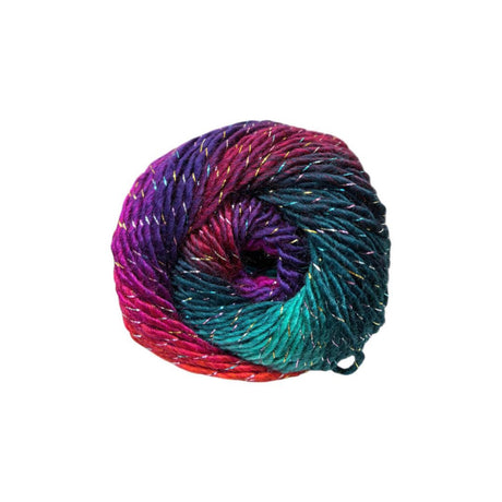 A single ball of variegated yarn with shimmering metallic flecks, showing a color transition from purple and magenta to teal and red, isolated on a white background.