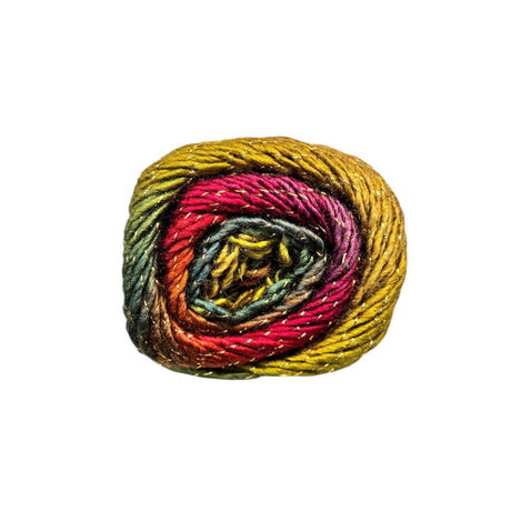 A single ball of variegated yarn with a spiral colour gradient of yellow, pink, red, and green, isolated on a solid white background.