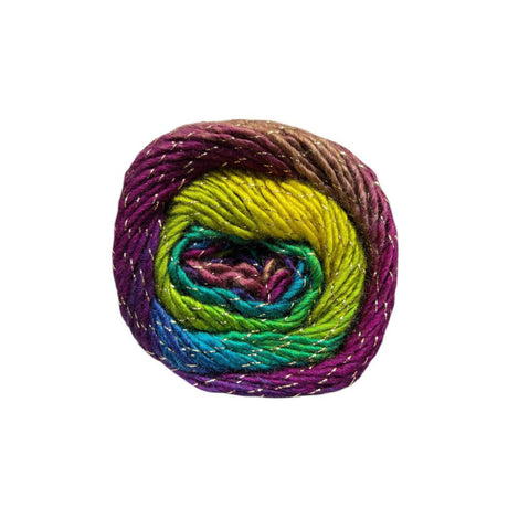 A single ball of variegated yarn with multiple colours including purple, green, yellow, and blue, each stripe containing fine metallic silver flecks, shown on a plain white background.