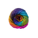A ball of rainbow variegated yarn with subtle gold glitter threads, displayed on a clean white background.