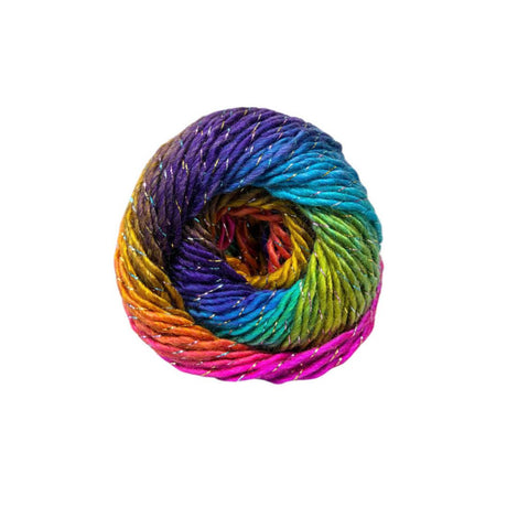 A ball of rainbow variegated yarn with subtle gold glitter threads, displayed on a clean white background.
