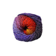 A single ball of variegated yarn with a spiral colour transition from purple and pink at the top, through red and orange, to yellow and orange at the bottom, with subtle metallic flecks, isolated on a white background.
