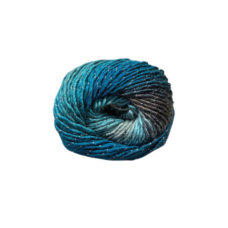 A single ball of variegated yarn with a colour gradient transitioning from teal and blue to dark grey, shown on a plain white background.