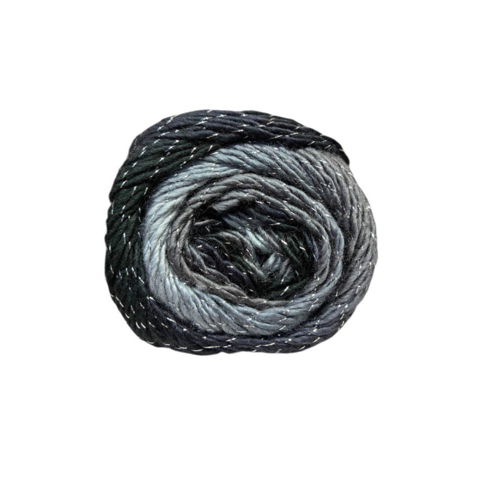 A single ball of variegated yarn with a spiral colour transition from black and charcoal to light grey, featuring subtle white flecks throughout, set against a plain white background.